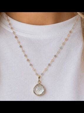 Dainty Moonstone Necklace Crystal Pendant 24K Gold Plated Delicate 18-20 Inches